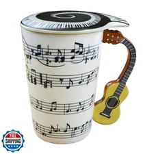Lavezee Mug Cup With Guitar Handle And Art Musical Notes Holds 15 Oz, Tea Cof