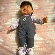 Baby Doll Soft Body Vinyl Head Blue Eyes No Hair w/ Overalls Outfit Hat Shoes