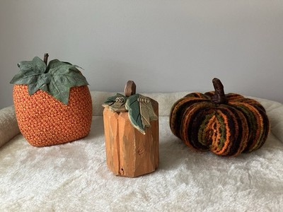 Trio Of Fall Pumpkins Made Of Wood, Fabric & Pipe Cleaners!!
