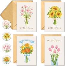 Get Well Soon Cards with Envelopes, Set of 24 (4 Unique Designs) 4"X6", Get Well