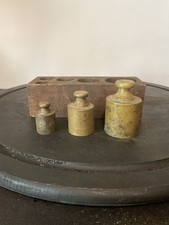 ** SET of VINTAGE - BRASS - SCALE WEIGHTS with WOODEN storage BLOCK