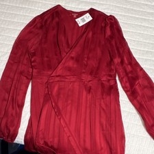 GUESS Red Striped Wrap Dress Ruffle Hem V-Neck Tie Long Sleeve L