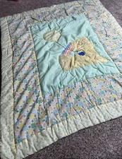 Vintage Corduroy Teddy Bear Balloons Baby Quilt Blanket Nursery Pastel 37 X 32in