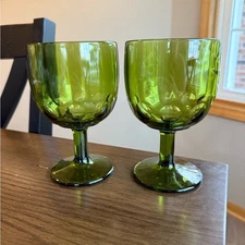 Vintage Bartlett Collins Avocado Green Thumbprint Glass Goblet Set of 2