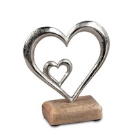 Dekoobjekt Herz In Herz Auf Fuß H. 14Cm Silber Natur Alu + Mango Holz Formano