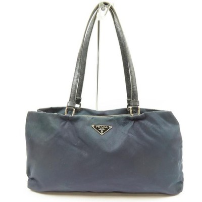 PRADA Triangle Logo Tessuto Nylon Leather Shoulder Tote Bag Navy w Card Auth