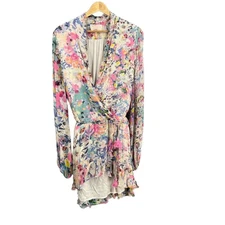 Rococo Sand Floral Wrap Dress Tassel Tie Long Sleeve Ruffle Hem Resort Size L