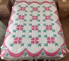 Antique Vintage 1930s Rose of Sharon Appliqued Quilt, Nile green bubblegum pink