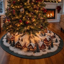 3D Optical Illusion Christmas Tree Skirt, Snowy Village Christmas Home Rug Decor