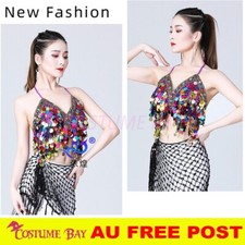 Halter Neck Latin Padded Belly Dance Bra Top Beaded Sequin Fringe Party Costume