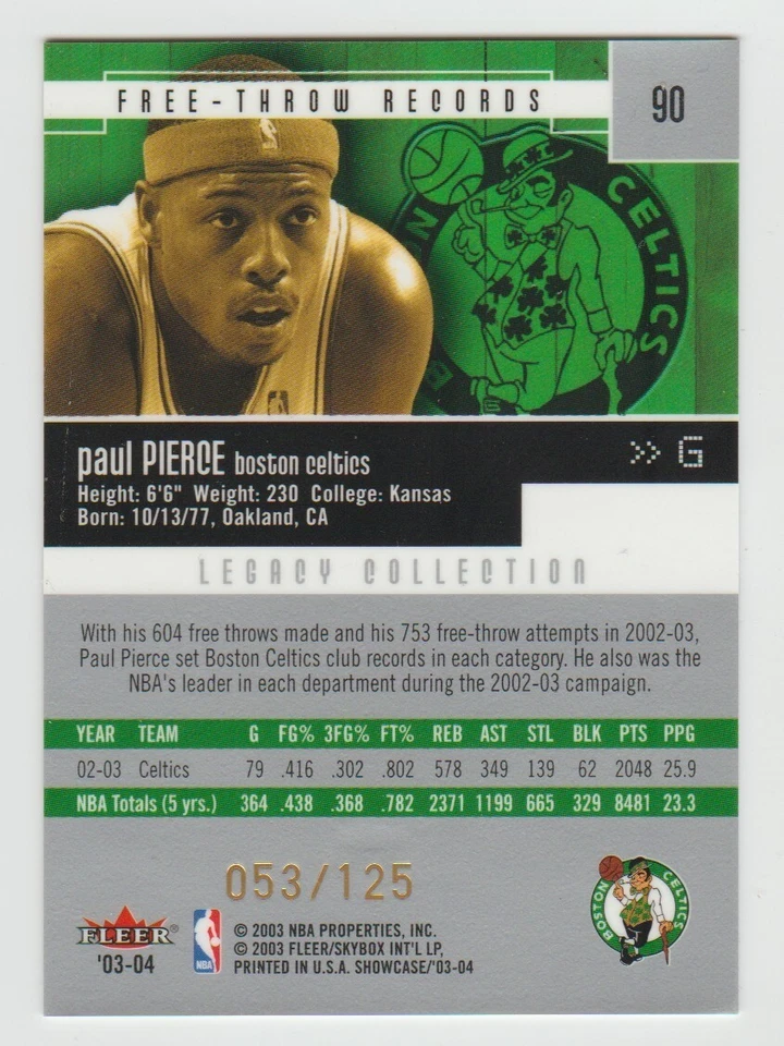 PAUL PIERCE Celtics 2003-04 Fleer Showcase LEGACY COLLECTION #90 SP 053/125 SSP - Image 2 of 2