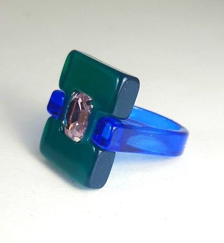 Awesome Square Thick Acrylic Geometric Mod 60s Inspired Ring Blue Green +Crystal - Picture 5 of 14