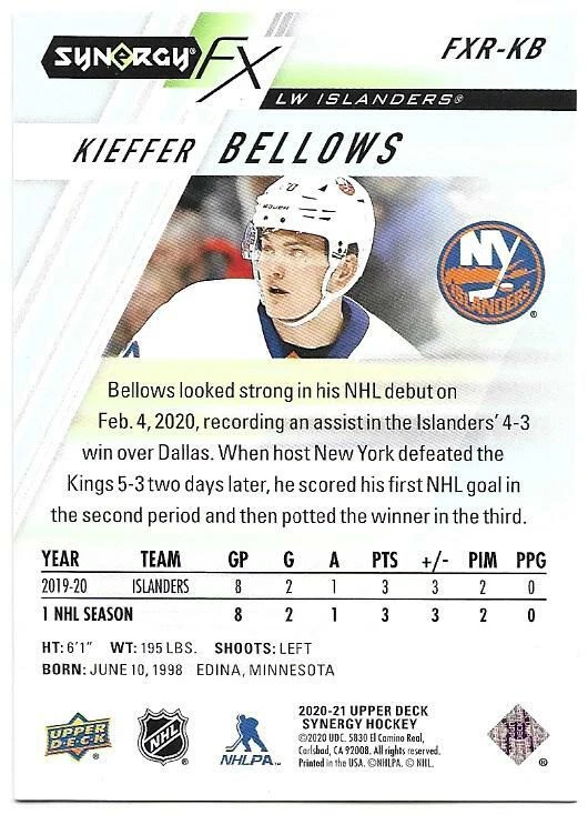 2020-21 Upper Deck Synergy KIEFFER BELLOWS #FXR-KB FX Rookie 003/749 - Image 2 of 2