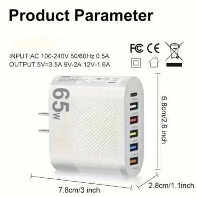 lot of 9 65W 6-Port PD Fast Charger: Quick Charge 3.0 Power Adapter. #Z146