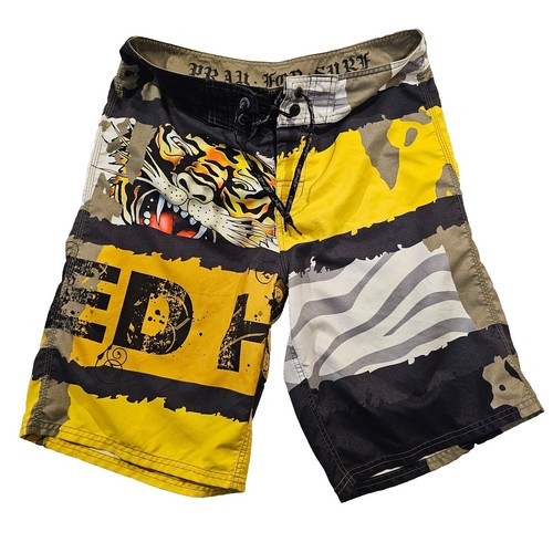 Short De Bain Ed Hardy Surf Or Die - Taille 33, Motif Tattoo Vintage, Occasion Très Bon état