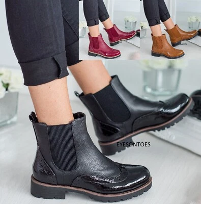 DAMEN KNÖCHEL BROGUE CHELSEA MODE PATENT FREIZEITSCHUHE STIEFEL GRÖSSE 3-8 UK