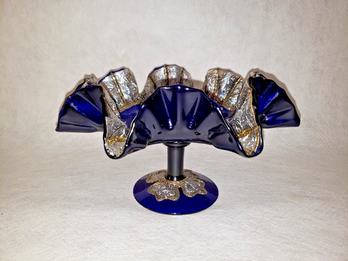 VTG Repoussé Cobalt Blue Glass Pedestal Compote w/ Chasing Adornment - Picture 10 of 12