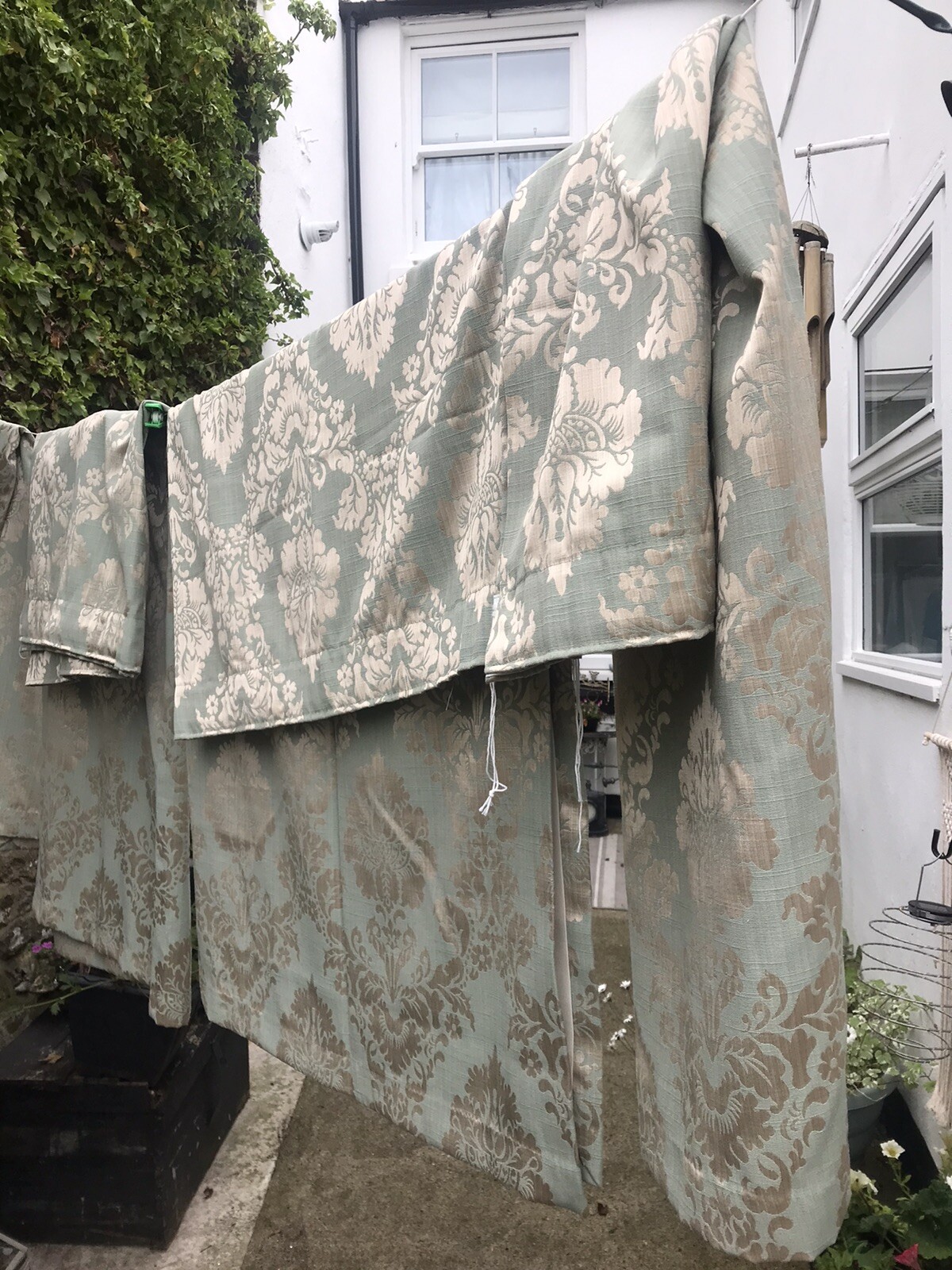 Dunelm Duck Egg Blue/Gold damask Double Duvet Set, Curtains Cushions