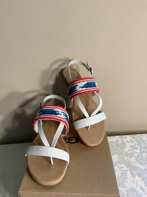 Ugg sz 9.5 M Serape Verona white leather glass beaded red white & blue sandals