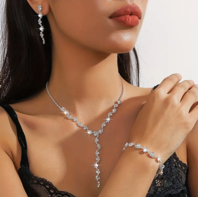 Elegant Rhinestone Necklace Choker Earrings Bracelet Lariat 4PC Set Bride Jewels