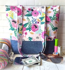 Shoulder Bag Knit Crochet Project Yarn Storage Travel Floral Denim Handmade Tote