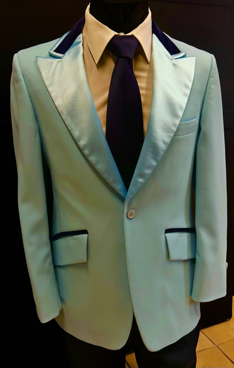 VINTAGE AFTER SIX LIGHT BABY BLUE MENS TUXEDO JACKET W/ NAVY VELVET TRIM  RETRO