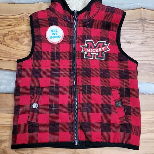 Disney Hooded Vest Mickey Mouse Ears Red Black Buffalo Plaid Zip Boys 3T NWOT - Picture 2 of 5