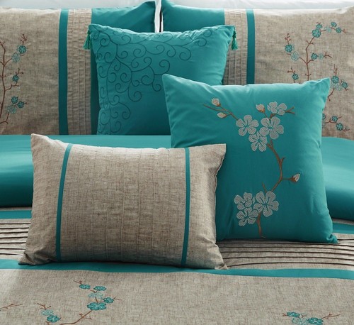 Chezmoi Collection 7-piece Teal Cherry Blossoms Floral Embroidery Comforter Set - Picture 4 of 11