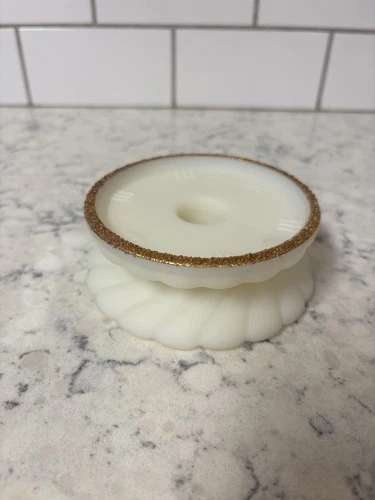 VTG Fenton Opaque white milk glass candle holder with gold glitter rim.