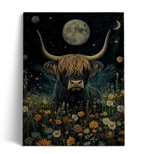 Highland cow wall art, canvas prints of animal and flower fusion, Starry Nigh...