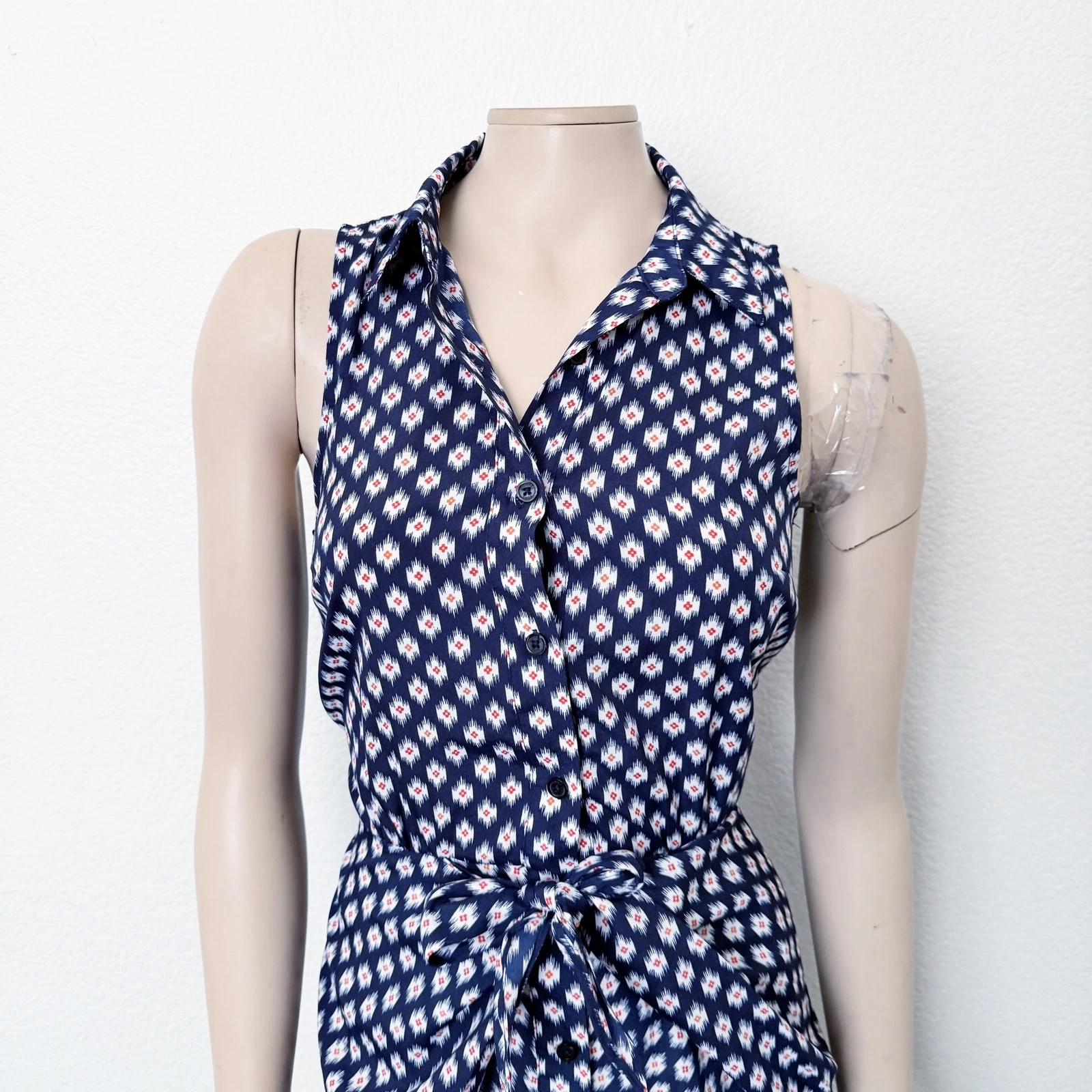 Abito mini camicia Michael Michael Kors taglia 0 blu stampa Ikat senza maniche nodo cravatta