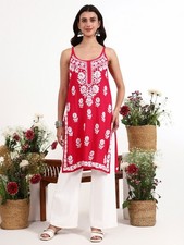 Red Rayon Chikankari Sleeveless Kurti Lucknowi Chikankari Ethnic Wear Kurta