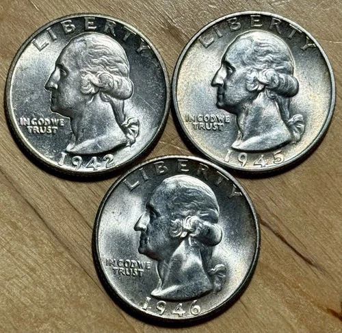 1942-D, 1945, 1946-S Washington Quarters Lot - All GEM BU
