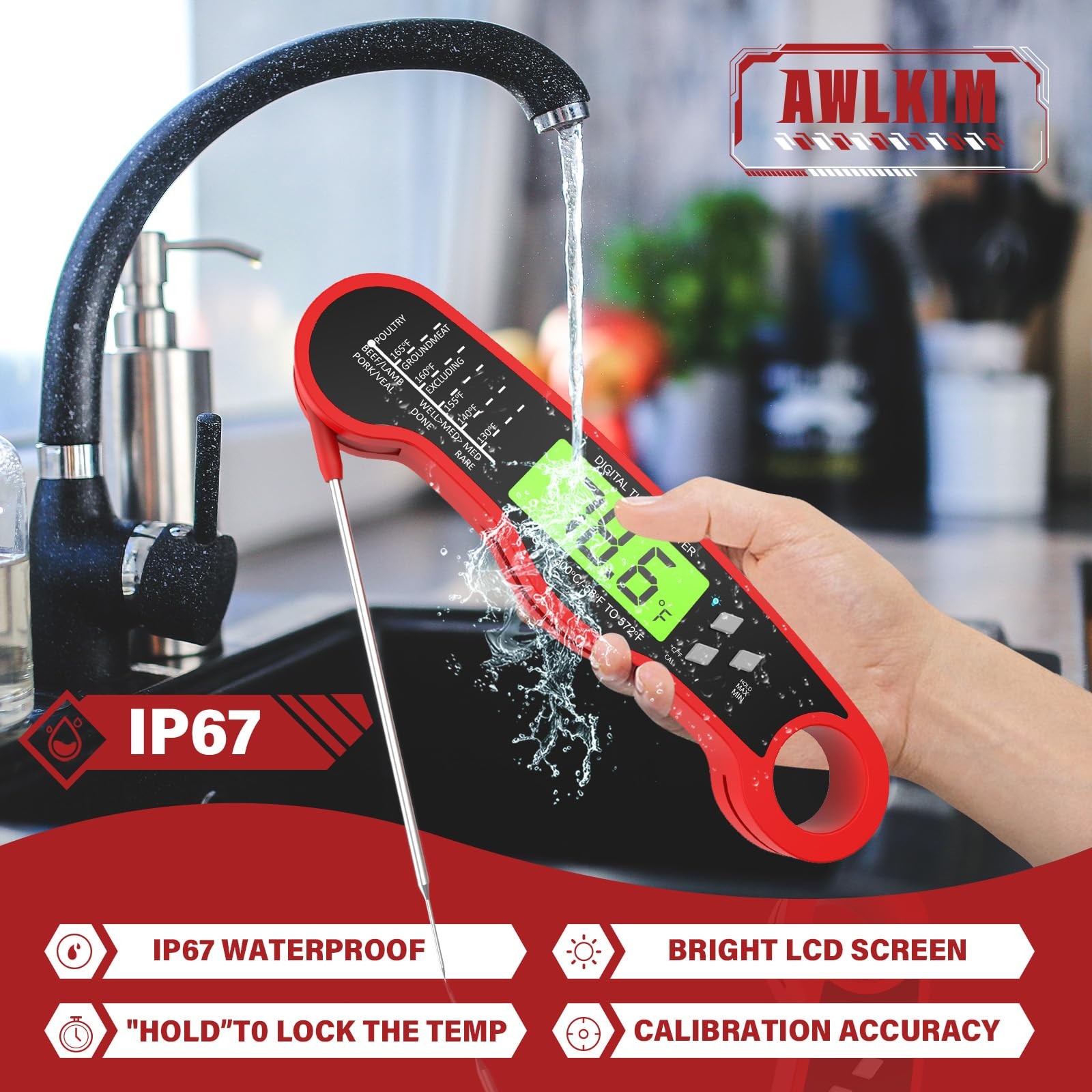 AWLKIM® Meat Thermometer Digital - Instant Read Waterproof Food Thermometer w...