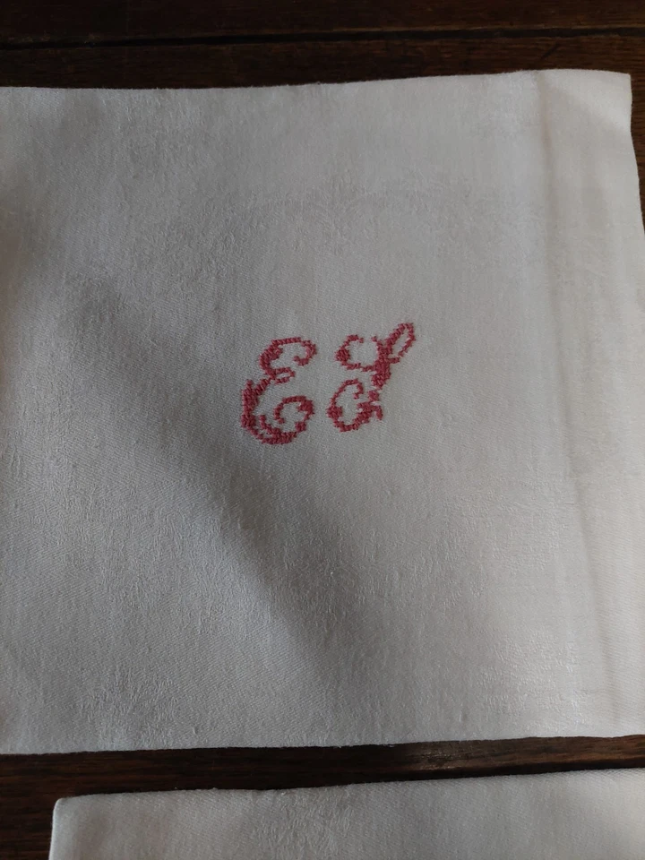 Série de cinq serviettes de tables coton damassé monogramme EL 65 X 75 cm - Photo 2/4