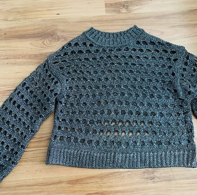 Grobstrick Pullover Häkel Netz Oberteil Party Glitzer Grau Gr. L Ungetragen