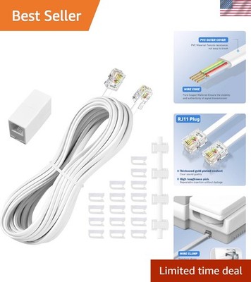25 Ft White RJ11 Extension Cord with Coupler & Adhesive Clips for Home Office
