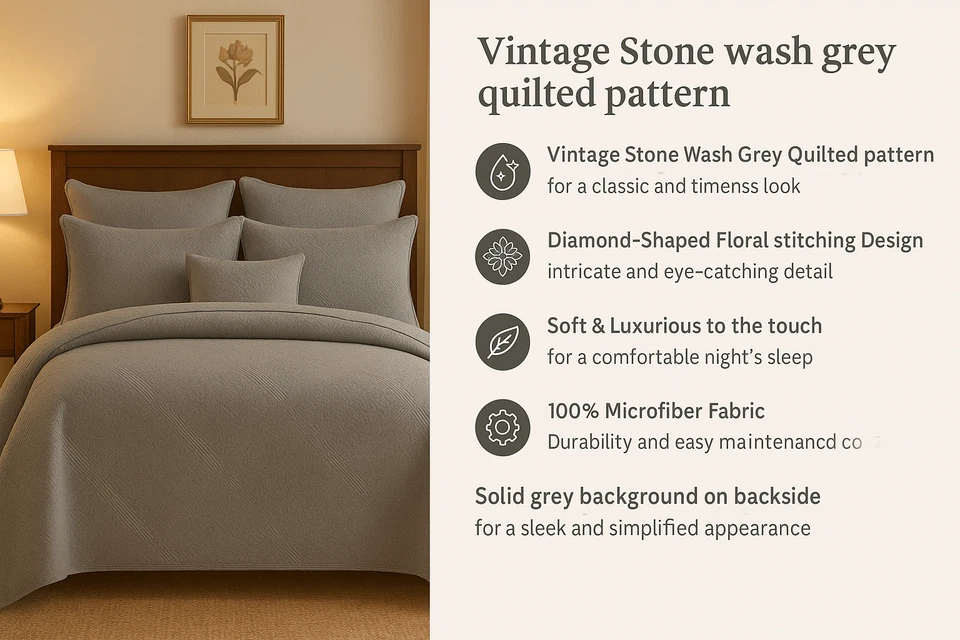 Juego de colcha de diamante matelassé suave gris lavado a la piedra floral DaDa  Foto 2 de 4