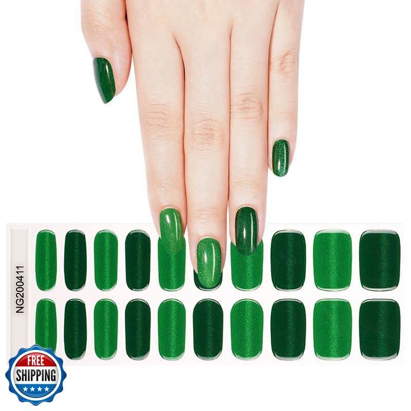 Semi Cured Gel Nail Strips 20 Pcs Green Glitter Gel Nail Wraps,St