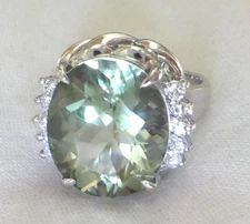 Heavy Platinum Solitaire Prasiolite Diamond Ring - 9.70 gms, Sz 5.75, 5.15 ctw