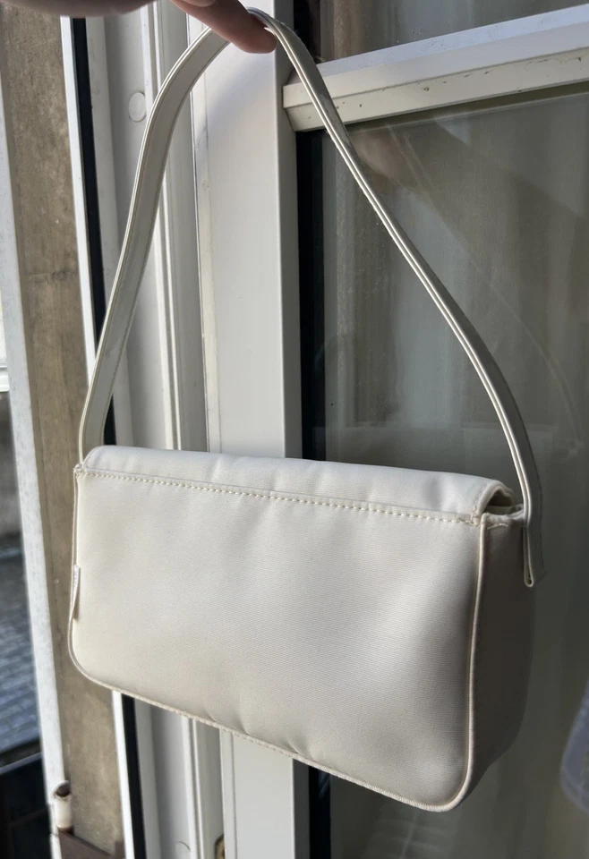 Vintage Lancôme Paris White Shoulder Bag Y2K Nylon Baguette Purse French Chic - Photo 4/4
