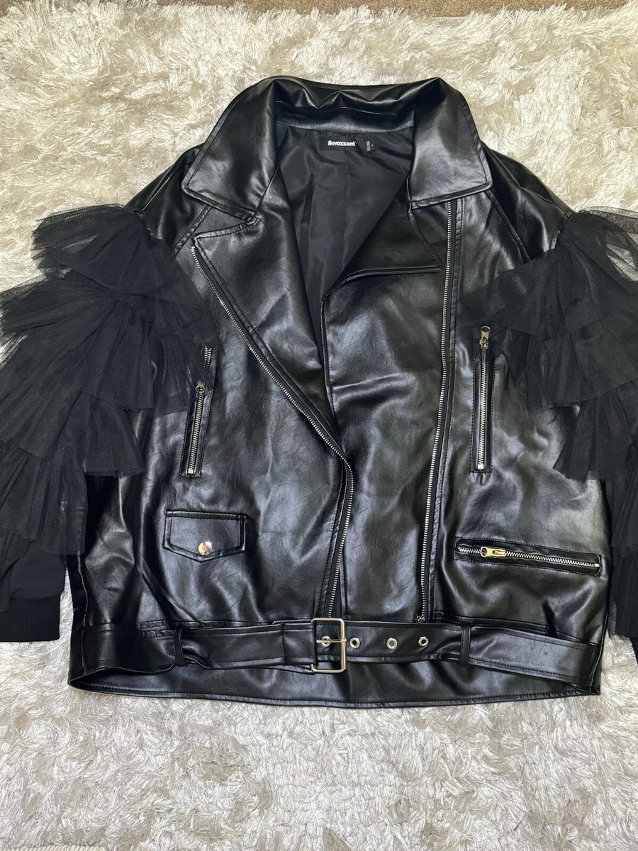 New Women Black Ruffle Arm Faux Leather Jacket - Main Image