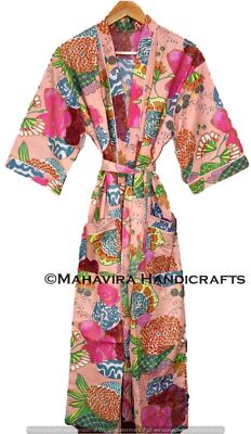Women Cotton Tropicana Print Peach Lingerie Night Gown Sleepwear Kimono Robe