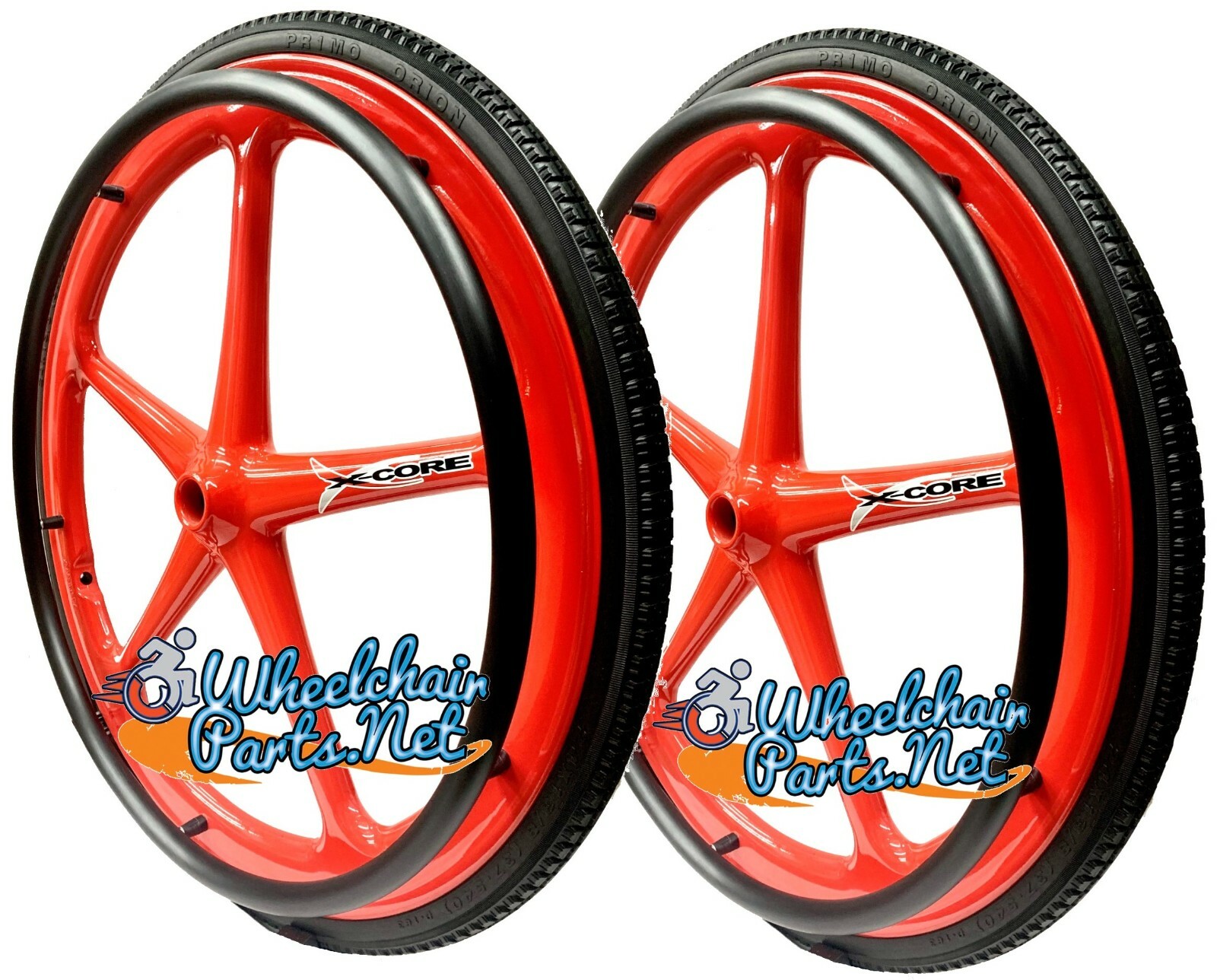 SET OF 2 RED XCORE WHEELCHAIR WHEELS 5 SPOKE 24 X 1 3/8" WITH SOLID