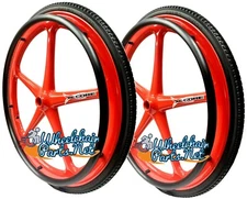 SET OF 2 RED X-CORE WHEELCHAIR WHEELS 5 SPOKE 24 X 1 3/8" WITH SOLID TIRES