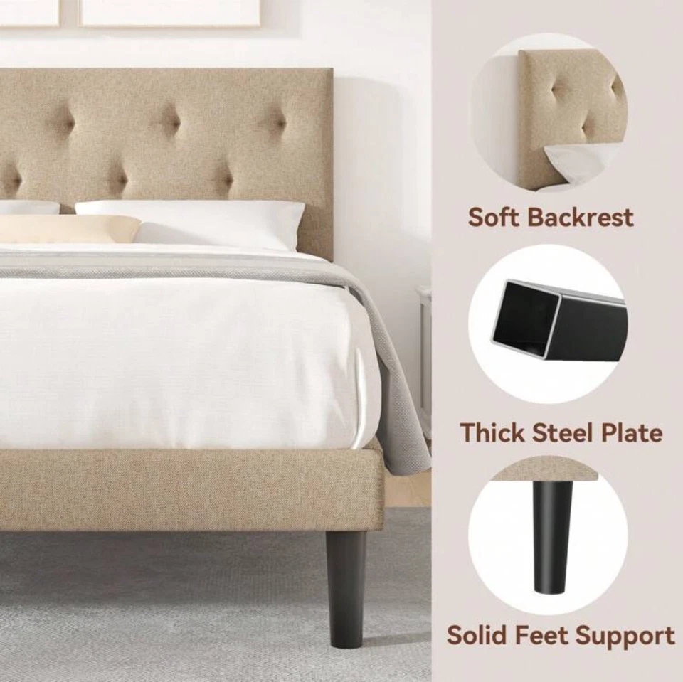 KING Size Bed Frame Upholstered Platform with Complete Adjustable Headboard - Image 3 of 4
