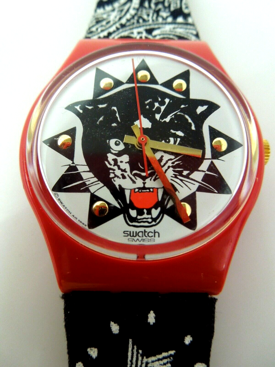 s493 Black Panther Swatch Watch, Black Panther Red Swiss Made Swatch Watch  90s