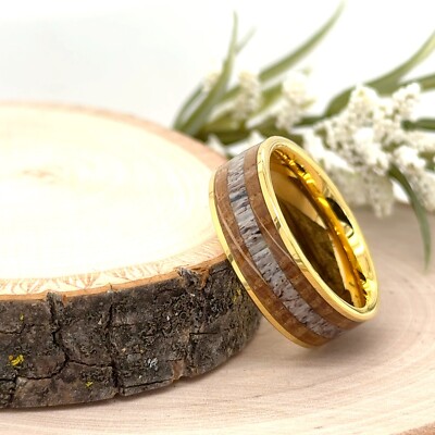 Gold Tungsten Carbide 8mm Ring Koa Wood & Marble Inlay Unisex Christmas Gif Band