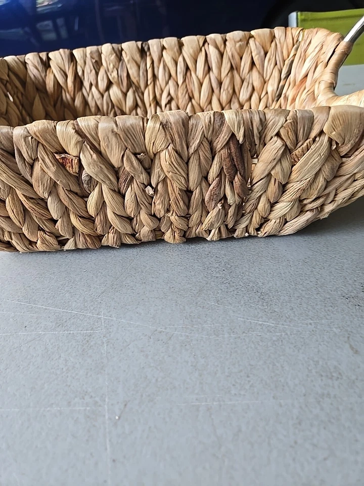 Straw 14 X 10.5 Wicker Basket/Serving Tray With Silver Metal Handles  - Image 2 of 4