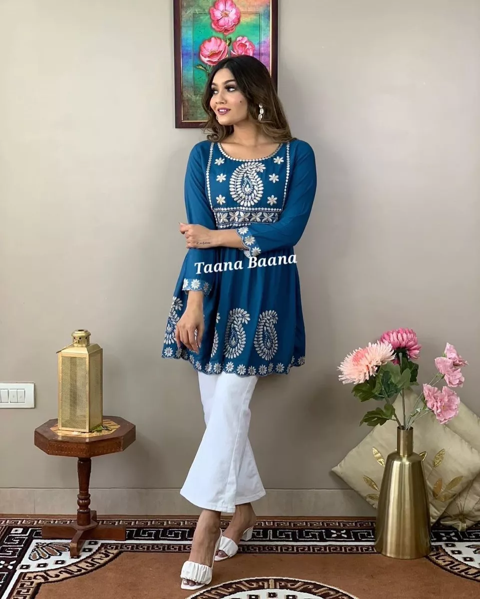 Pakistani Embroidered Salwar Kameez Readymade Blue Short Kurta With Pant Stitch
